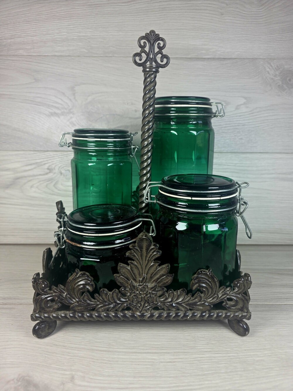 Vtg Godinger Canister Caddy Carrier 4 Emerald Green Glass Jars Kitchen Rare g16